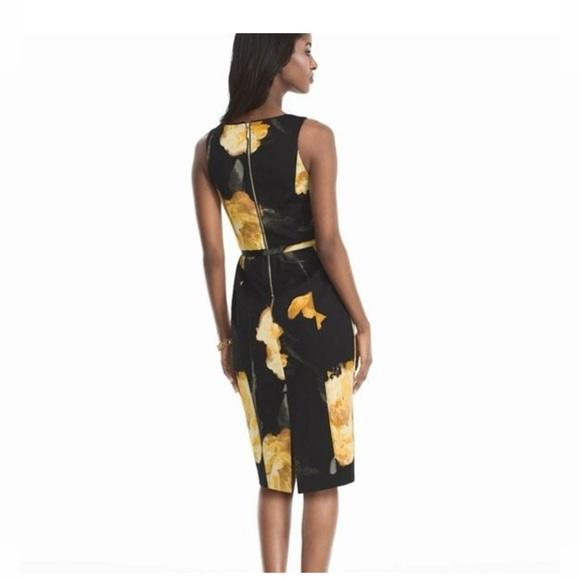 White House Black Market Black and Yellow Floral Midi Dress with belt V N NWOT - Picture 2 of 16